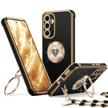 Imagem de XYZ Capa para Samsung Galaxy S24 com suporte, anel duplo de 360°, Slim Fit & Portable, preta com corações rosas