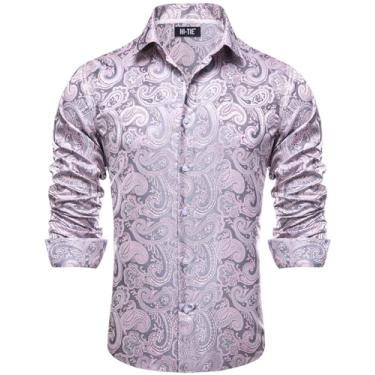 Imagem de Hi-Tie Camisas sociais masculinas de seda jacquard manga longa casual abotoada formal casamento camisa de festa de negócios, Paisley rosa prateado, GG