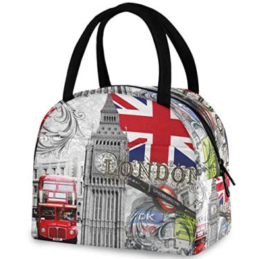 Imagem de ZzWwR Bolsa de mão vintage de Londres Big Ben para carro com bandeira britânica reutilizável com bolso frontal, isolamento térmico, fecho de zíper, bolsa térmica para recipiente para escola, trabalho,