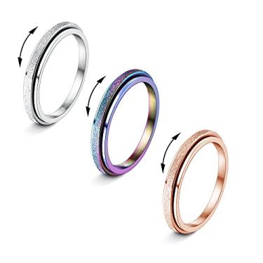 Imagem de Diamday Anéis Fidget para mulheres e homens - 2 anéis giratórios de aço de titânio de 4 mm para alívio da ansiedade, alívio do estresse, glitter, jateamento de areia, joias de ansiedade para presentes
