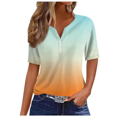 Imagem de Camisetas femininas de verão 2024 túnica de botão Y2K, manga curta, estampa floral, gola V, roupas fofas, Ofertas flash laranja, M