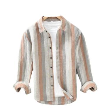 Imagem de ZMIN Camisa masculina listrada casual de linho manga comprida gola virada para baixo primavera camisa social masculina, 2091 laranja cinza, M