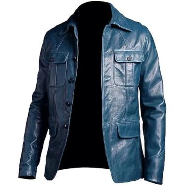 Imagem de Jaqueta de couro masculina vintage, quatro bolsos, gola de cinco botões, zíper frontal e jaqueta de couro 100% original e genuíno, Azul, 3G