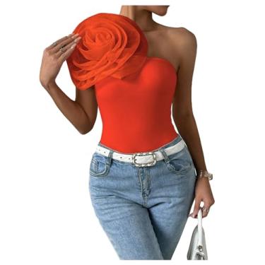 Imagem de BEAUDRM Camiseta feminina 3D floral de um ombro só, malha contrastante, gola assimétrica, sem mangas, ajuste regular, casual, festa, Laranja, G