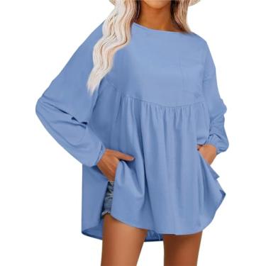 Imagem de Tankaneo Blusa feminina Babydoll Peplum de manga comprida tamanho grande túnica casual de ajuste solto, Azul, M