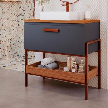 Imagem de Gabinete de Banheiro Eleonora 1 Porta Titanium e Freijó 65 cm