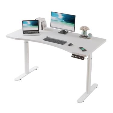 Imagem de Mesa com regulagem de altura com motor duplo mesa escritorio e 3 botões de memória Mesa Escrivaninha computador com carregamento rápido type-c mesa gamer (Branco, 140x76 CM)