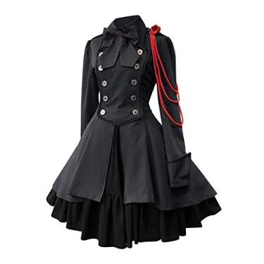 Imagem de Vestido feminino retrô cor sólida manga trompete vestido longo princesa feminino gótico roupa inferior, Cinza escuro, M