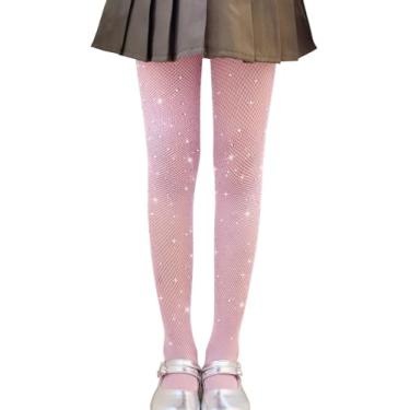 Imagem de LOLANTA Pacote com 2 meias arrastão de strass para meninas com glitter, meia-calça de malha brilhante, Strass rosa, 4-8 Anos