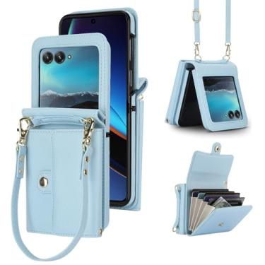Imagem de Asuwish Capa de telefone para Motorola Razr 2024/Moto Razr 50 - Carteira com alça transversal e pulso, design de carteira com slot para cartões, bloqueio RFID - Azul escuro
