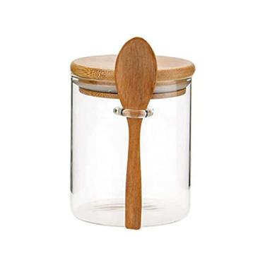 Imagem de 123Arts Recipiente de vidro para açucareiro pote de especiarias armazenamento de alimentos com tampa e colher de madeira