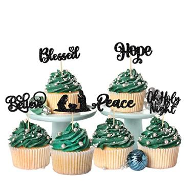 Imagem de Gyufise 24 peças de enfeite de cupcake de Natal Jesus preto glitter decoração de bolo de aniversário enfeite de presépio para festa religiosa