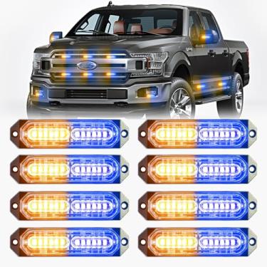 Imagem de BooYu Luzes piscantes estroboscópicas de emergência de LED âmbar/azul para bombeiro/caminhões de polícia/veículos/carro, barra de luz de grade de aviso de perigo de sincronização ultrafina (8 peças)