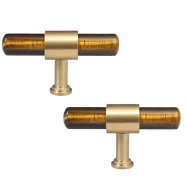 Imagem de Rockcloud Conjunto de 2 maçanetas de barra em T de pedra olho de tigre com parafusos, puxadores cilíndricos de gaveta puxadores para armário cômoda armário guarda-roupa decoração de casa, amarelo