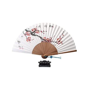Imagem de NDM Ventilador tradicional coreano pintado à mão pintura de ameixa flor de ameixa ♚ Ventilador decorativo portátil de parede oriental asiático de madeira com suporte
