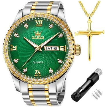 Imagem de OLEVS Relógios de diamante para homens, relógio social à prova d'água luminoso, masculino dourado grande mostrador luxuoso casual quartzo relógios analógicos com calendário de data