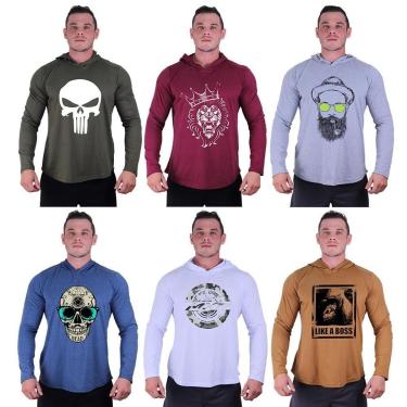Imagem de Kit 6 Camisetas Manga Longa com Touca Longline Estampada Treino Academia Lazer Casual-Masculino