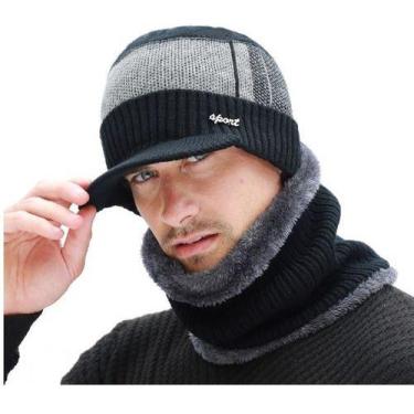 Imagem de Kit Boné Boina Gorro Cachecol Beanie Forrada Lã Inverno, Único, Preto 