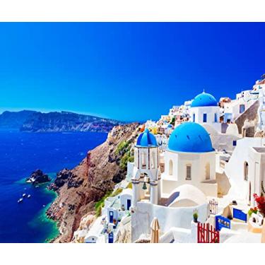 Imagem de CORFOTO Tecido 3 x 2,4 m Grécia Foto Pano de Fundo Ilha Santorini Oia Village Fundo de Fotografia Grécia para Grécia Faixa de Festa Temática Mamma Mia Decoração de Aniversário Chá de Noiva Suporte de Cabine de Fotos
