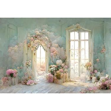 Imagem de DORCEV Pano de fundo de pintura a óleo floral de 3 x 2 m para fotografia, estilo europeu, porta arqueada, janela francesa, flores, banner, aniversário, chá de panela, recepção de casamento, decoração