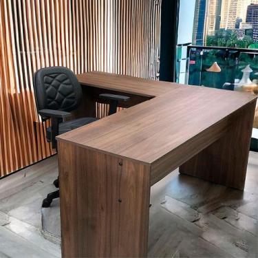 Imagem de Estação de Trabalho Mesa Escrivaninha em L 148x148 Nogal/Preto REALME