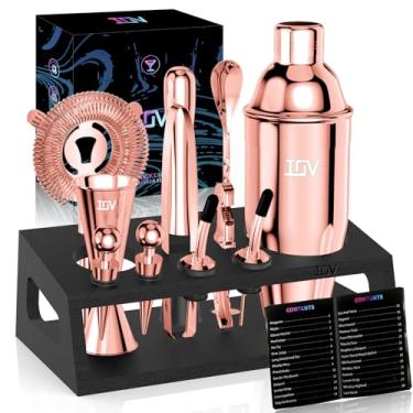 Imagem de IOV Kit de Barman de Mixologia com Suporte, Conjunto de Coqueteleira de 12 Peças, Conjunto de Coqueteleira de Martini de 24 Onças para Misturar Bebidas, Conjunto de Bar Inclui Toda (, Ouro Rosa)
