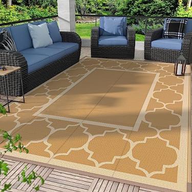 Imagem de Tapete externo GENIMO 1,8 m x 2,7 m, impermeável, palha de plástico, reversível, dobrável, para decoração de pátio, trailer, deck, varanda, piquenique, praia, marrom e bege