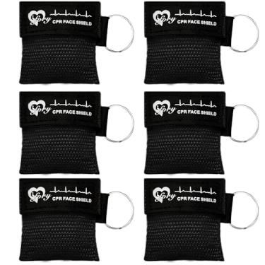 Imagem de ifory Chaveiro de máscara de bolso CPR de 6 contagens, protetor facial CPR com barreira de respiração de válvula unidirecional para primeiros socorros ou treinamento ADE, Preto, 6