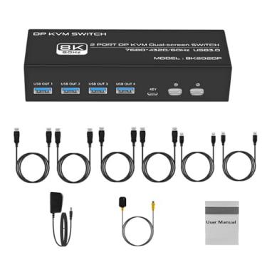Imagem de 8K @60Hz, 4K, 2K, 1080 HDMI + Displayport KVM Switch 2 monitores 2 computadores para 2 computadores compartilham 2 telas