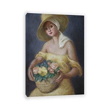 Imagem de Georges van Houten Famous Paintings Framed Reprodutions-'Lady in Yellow Carrying a Basket of Flowers' Impressão Giclee esticada em tela - Imagens de retrato em tela Arte de parede 40 x 55 cm (16 x 22
