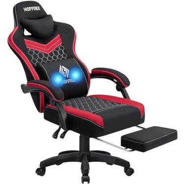 Imagem de HOFFREE Cadeira de jogos, tecido com bolso, almofada de mola, cadeira de jogos de massagem com apoio para os pés, cadeira ergonômica para jogadores com suporte lombar, cadeiras reclináveis para jogos