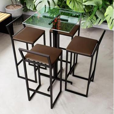 Imagem de Conjunto Mesa Alta Bar Bistrô Quadrada Vidro 4 Banquetas Confort Estofado Industrial Black (Marrom)