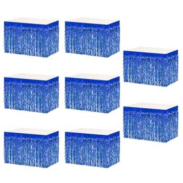 Imagem de MZJU Saias de mesa 8P onduladas metálicas com franjas para mesas retangulares, cortinas de guirlanda, para desfile, boias, casamentos, festas de aniversário, Halloween, Natal (azul)