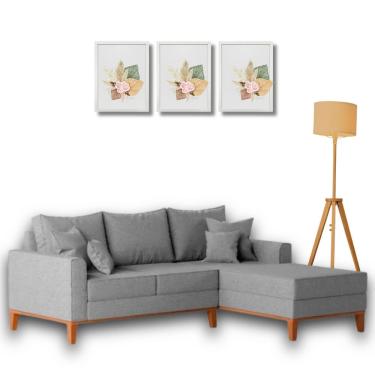 Imagem de Sofá Beny com Chaise Direita, 2,00x1,40m, 3 Lugares, Linho, Base em Madeira.