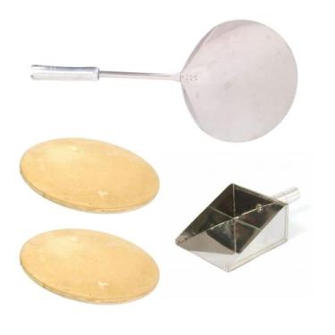 Imagem de Kit Pá Pizza Inox 35cm 2 Pedras Refratária 35cm Pá de Cin - INOX LAURI