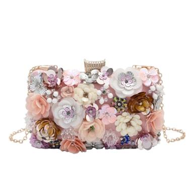 Imagem de lapulio Bolsa feminina floral para noite com contas e lantejoulas e strass para festa de casamento com correntes, rosa, Small