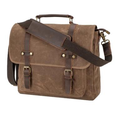 Imagem de Bolsa carteiro de lona encerada estilo vintage com detalhes em couro, 40 x 30 x 13 cm, Marrom