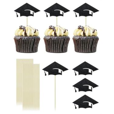 Imagem de ONLYKXY 30pcs Graduation Cake Cupcake Toppers Cute Glitter Graduation Cap Shape Food Appetize Decor Stick Picks for Theme Party Easter Bride Shower Birthday Wedding Mini Cake Wall (Black)