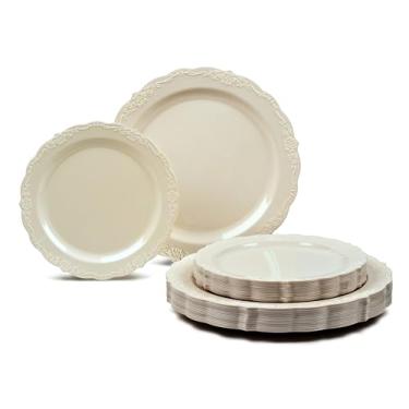 Imagem de Pacote com 50 pratos (25 convidados) - Conjunto de pratos de plástico descartável para festa de casamento vintage - 63 x 25 cm de jantar + pratos de salada/sobremesa de 63 x 19 cm (Verona em marfim)