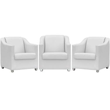 Imagem de Kit 3 Poltronas Mila Corino Cores Pé De Plástico Cromado - Branco Corino