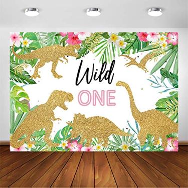 Imagem de Avezano Wild One Pano de fundo para decoração de festa de aniversário de dinossauros para meninas, sessão de fotos, selva rosa, floral, selvagem, um dinossauro, festa de primeiro aniversário, fundo