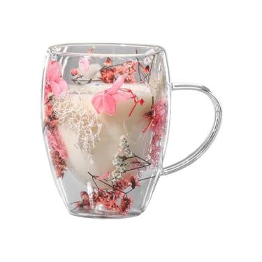 Imagem de Canecas de café de vidro de parede dupla, copos de vidro de flores secas transparentes, canecas de café de vidro isolado de 350 ml, xícaras de chá, xícaras de café com alças para cappuccino, chá