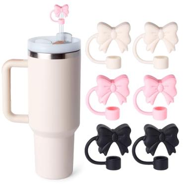 Imagem de 6 peças de topos de palha de laço, capas de canudos fofos para Stanley copo de 30 e 1,134 g com alça, acessórios de palha reutilizáveis à prova de poeira de 10 mm para meninas e crianças (preto