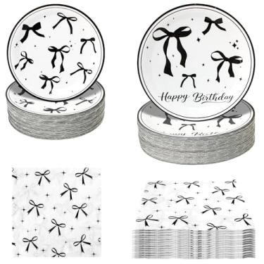 Imagem de Conjunto de pratos e guardanapos de papel com laço preto, 180 peças, para decoração de festa de aniversário, dia de jogo, família, escola, férias, eventos esportivos