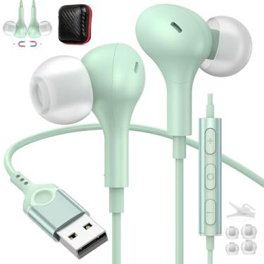 Imagem de ACANDYA Fones de ouvido de computador USB com microfone para PC, laptop, cabo de 2,5 m, fones de ouvido intra-auriculares magnéticos, função mudo de controle de áudio para desktop, notebook, fone de