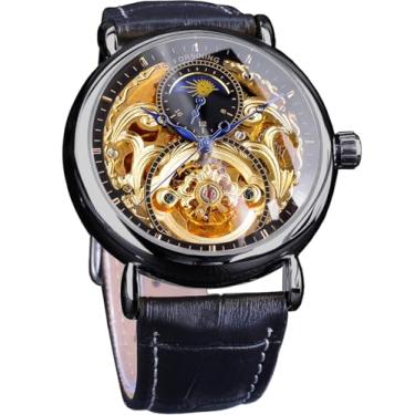 Imagem de FORSINING Relógio Masculino de Luxo com Turbilhão e Fase da Lua, Mecânico Automático, Cinto de Couro, Esqueleto Retrô, Preto e Preto