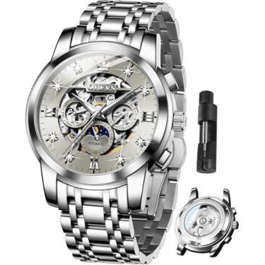 Imagem de OLEVS Relógio masculino luxuoso esqueleto automático diamante corda automática relógio mecânico presentes luminosos à prova d'água, G6721: pulseira prata e mostrador cinza