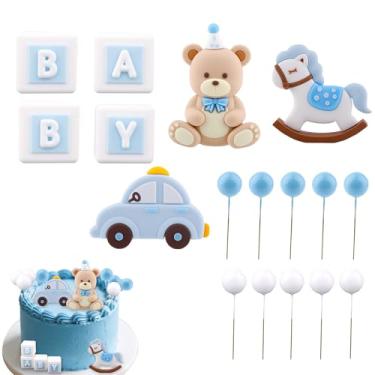 Imagem de Decoração de bolo de urso azul, conjunto de topo de bolo para chá de bebê e decorações de aniversário com balões de bloco de letras de carro de cavalo de balanço de urso para decoração de festa