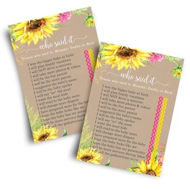 Imagem de Cartões de jogos de girassol mamãe ou papai para meninas chá de bebê (pacote com 25) Adivinhe quem disse isso - Atividade de adivinhação dos pais para convidados - Tema de outono floral rústico amarelo (10 x 15 cm) papel festa inteligente