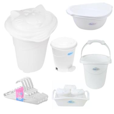 Imagem de Kit 10 peças Cesto de Roupas Bebê Bacia Balde Lixeira Organizador Cabides Plastibaby (Branco)